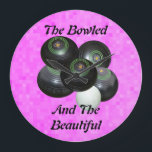 Funny Pink Lawn Bowls Bowled Beautiful Design, Large Clock<br><div class="desc">Pictured on a Pink background are black lawn bowls and kitty with a funny bowled and beautiful text</div>