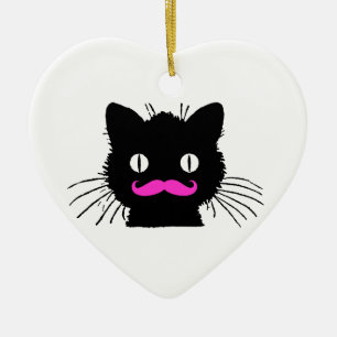 FUNNY PINK MUSTACHE BLACK CAT CERAMIC ORNAMENT