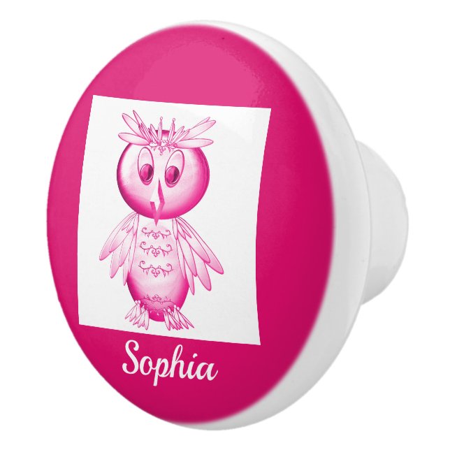Funny Pink Owl Personalised kids Ceramic Knob (Right)