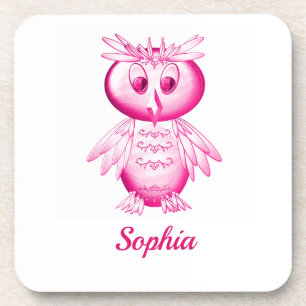 Funny Pink Owl Personalised kids Coaster
