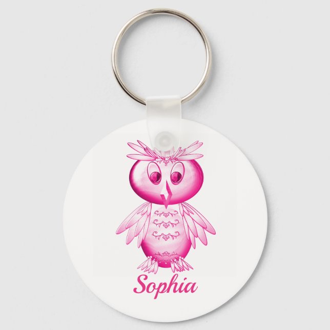 Funny Pink Owl Personalised kids Key Ring (Front)