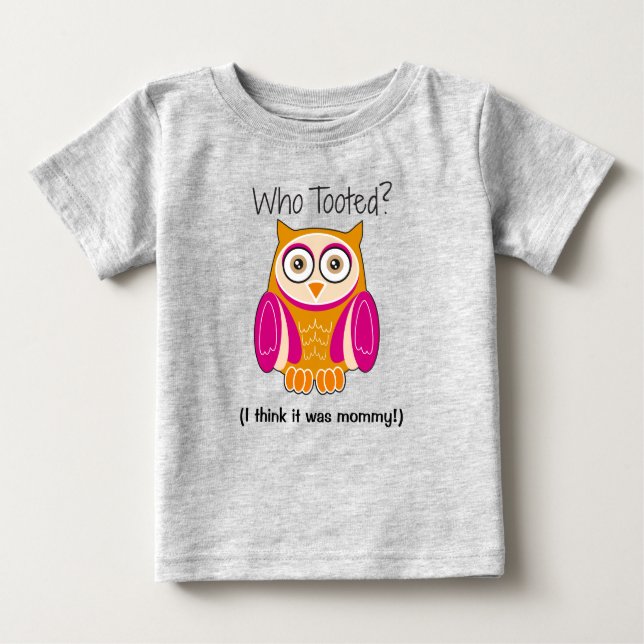 Funny Pink Owl “Who Tooted?” Kids’ T-Shirt (Front)