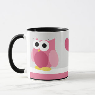 Funny Pink Owl with Hearts - mug