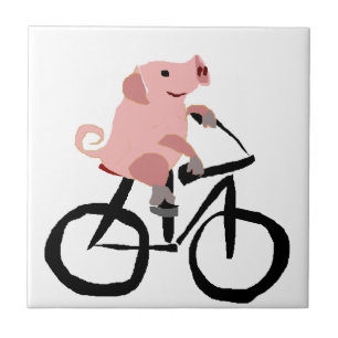 Funny Pink Pig Riding Bicycle Ceramic Tile