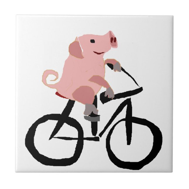 Funny Pink Pig Riding Bicycle Ceramic Tile (Front)