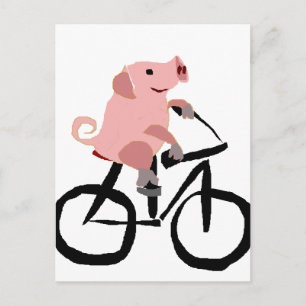 Funny Pink Pig Riding Bicycle Postcard