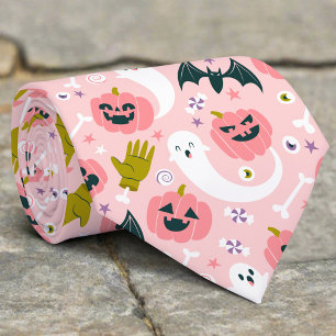 Funny Pink Pumpkin Cute White Ghost Bat Halloween Tie