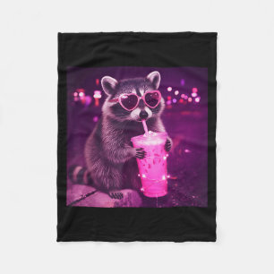 Funny pink racoon drinking iced coffee - cute fleece blanket
