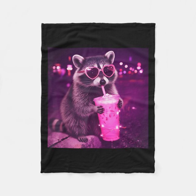 Funny pink racoon drinking iced coffee - cute fleece blanket (Front)