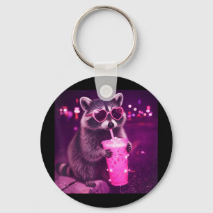 Funny pink racoon drinking iced coffee - cute key ring