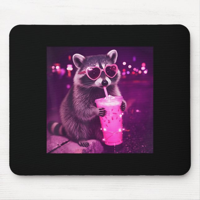 Funny pink racoon drinking iced coffee - cute mouse pad (Front)