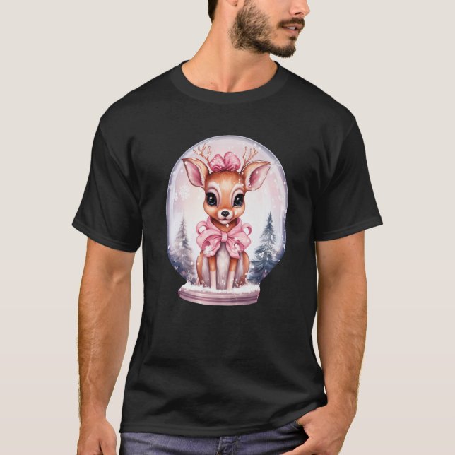 Funny Pink Retro Christmas Baby Reindeer in a Snow T-Shirt (Front)