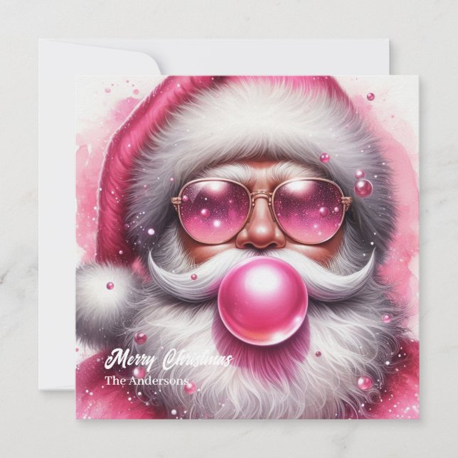 Funny pink Santa Claus blowing pink bubble gum Holiday Card (Front)