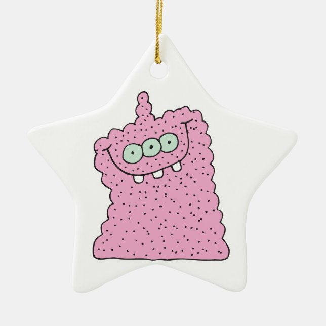 funny pink three-eyed monster ceramic ornament (Front)