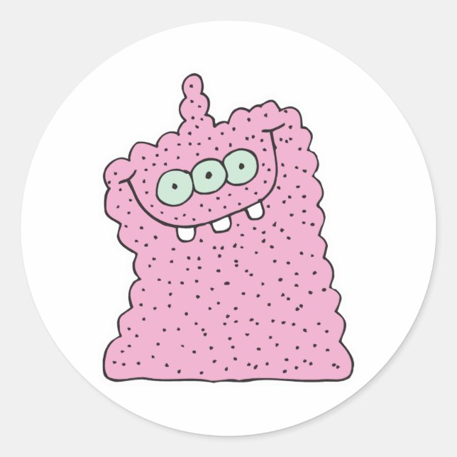 funny pink three-eyed monster classic round sticker (Front)