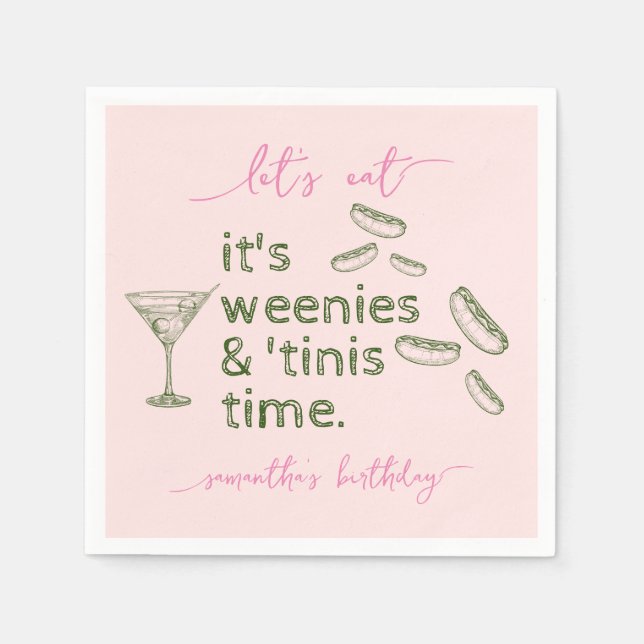 Funny Pink Weenies & Tinis Martini Birthday Party Napkin (Front)