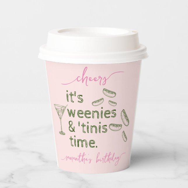 Funny Pink Weenies & Tinis Martini Birthday Party Paper Cups (Front)