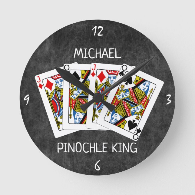 Funny Pinochle King on Black Round Clock (Front)