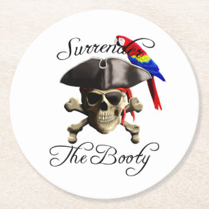 Funny Pirate Surrender The Booty Round Paper Coaster
