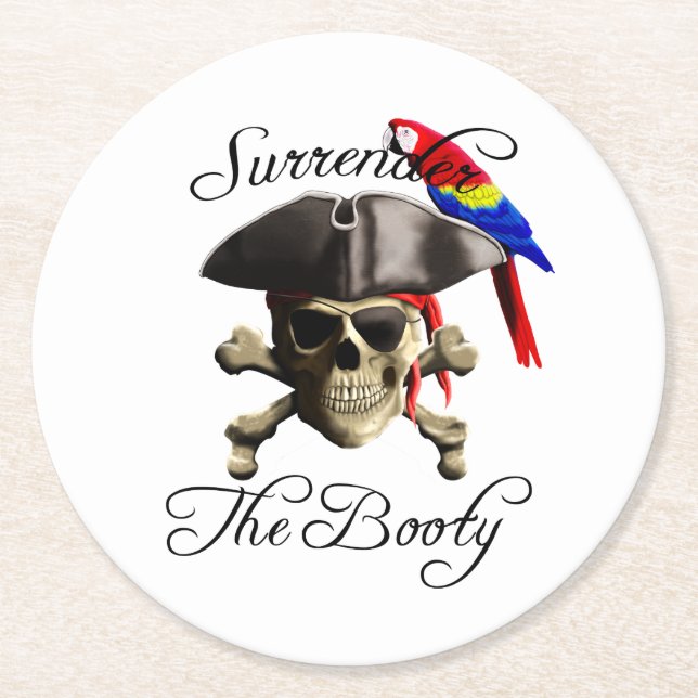 Funny Pirate Surrender The Booty Round Paper Coaster (Front)