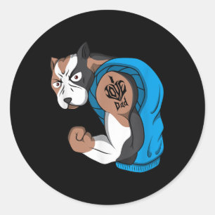 Funny Pit Bull Dog I Love Dad Tattoo Lover Muscle Classic Round Sticker