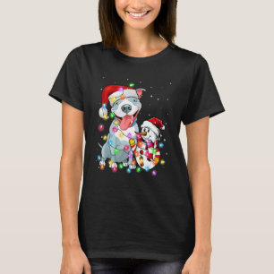 Funny Pitbull Dog Christmas Tee Snowman Xmas Light