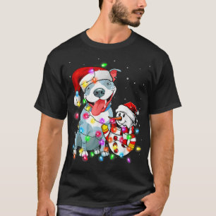 Funny Pitbull Dog Christmas Tee Snowman Xmas Light