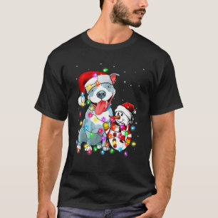 Funny Pitbull Dog Christmas Tee Snowman Xmas Light