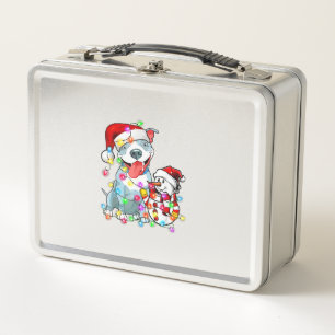 Funny Pitbull Dog Christmas Tee Snowman Xmas Light Metal Lunch Box