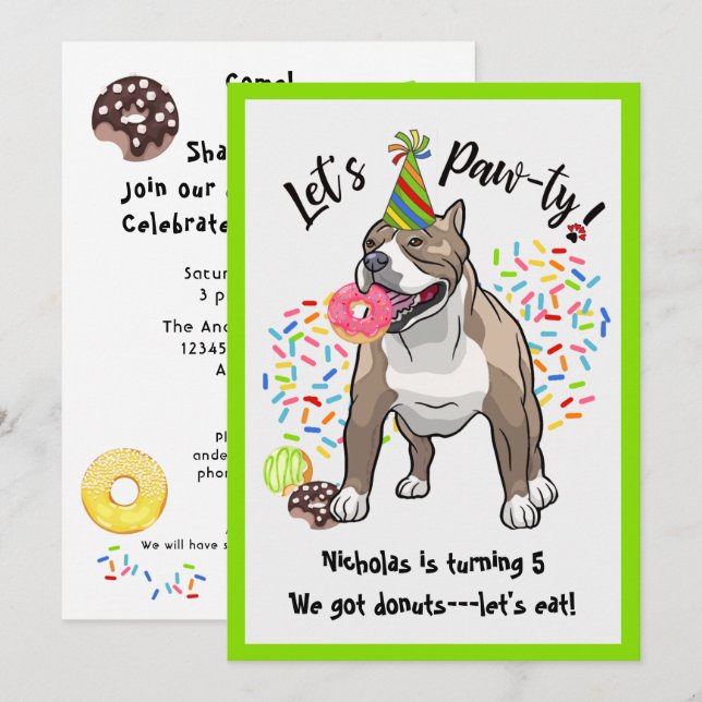 Funny Pitbull Dog Doughnuts Birthday Party Invitation (Front/Back)