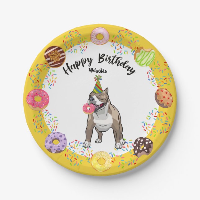 Funny Pitbull Dog Doughnuts Birthday Party Paper Plate (Front)