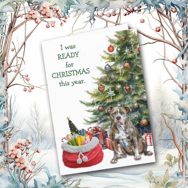 Funny Pitbull Dog Ready for Christmas Holiday Card (Creator Uploaded)