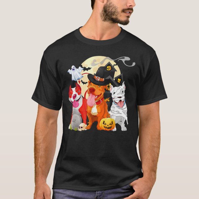 Funny Pitbull Dog Witch Hat Scary Pumpkin Hallowee T-Shirt (Front)