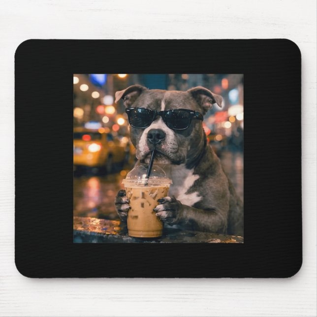 Funny pitbull drinking iced coffee cool dog mouse pad (Front)