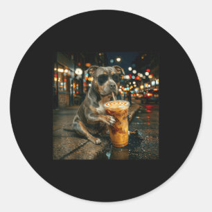 Funny pitbull drinking iced coffee dog art  classic round sticker