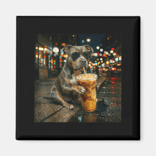 Funny pitbull drinking iced coffee dog art magnet