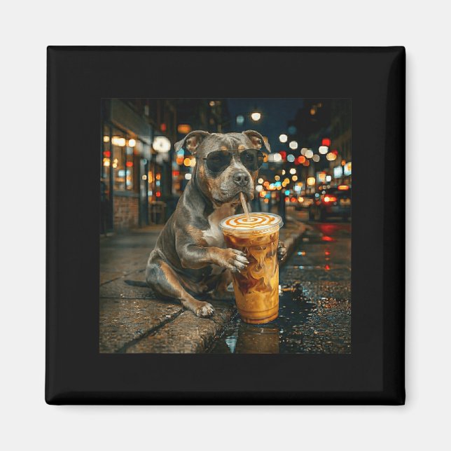 Funny pitbull drinking iced coffee dog art  magnet (Front)