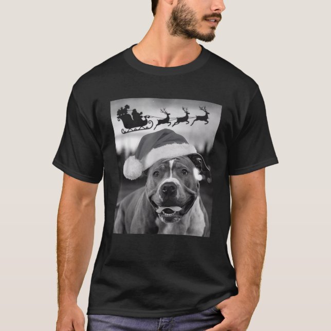 Funny Pitbull Terrier Selfie with Santa Claus Xmas T-Shirt (Front)