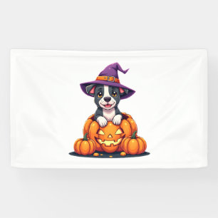 Funny Pitbull Witch Pumpkin Dog Halloween Mens Wom Banner