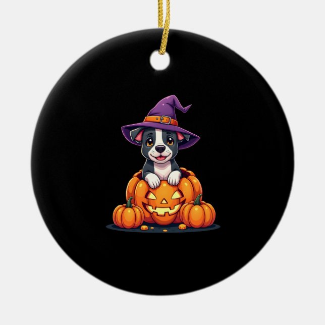 Funny Pitbull Witch Pumpkin Dog Halloween Mens Wom Ceramic Ornament (Front)