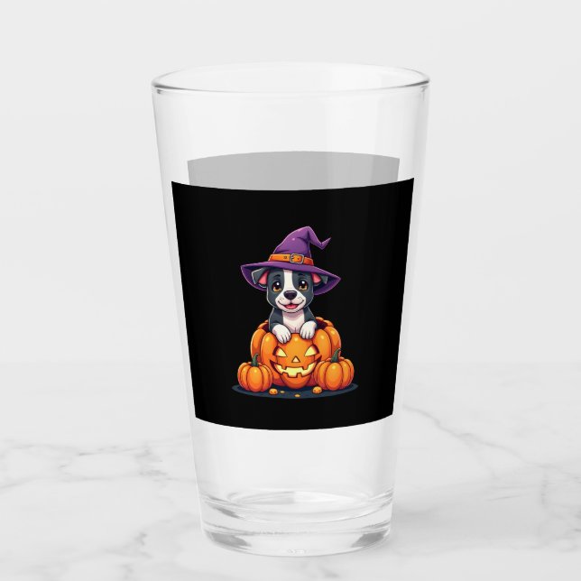 Funny Pitbull Witch Pumpkin Dog Halloween Mens Wom Glass (Front)