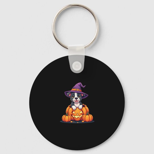 Funny Pitbull Witch Pumpkin Dog Halloween Mens Wom Key Ring (Front)