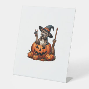 Funny Pitbull Witch Pumpkin Dog Halloween Mens Wom Pedestal Sign