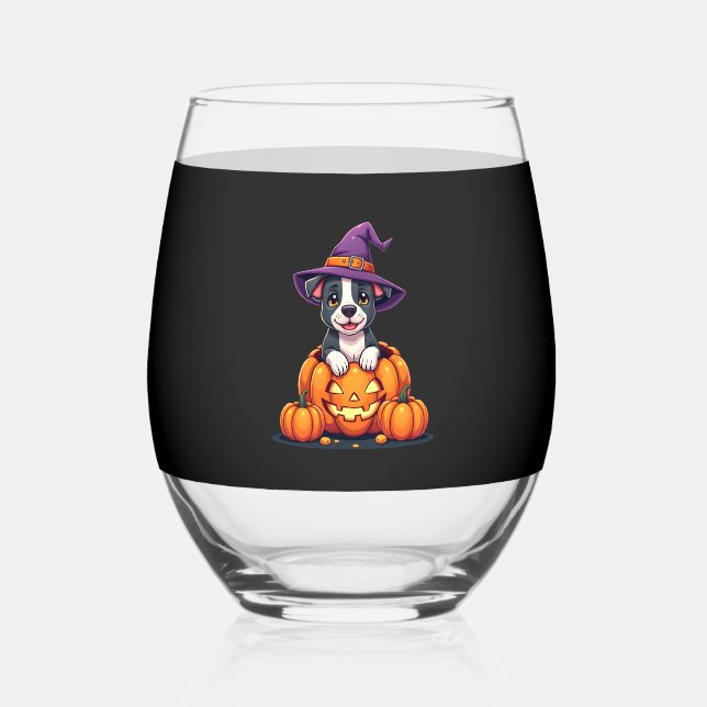 Funny Pitbull Witch Pumpkin Dog Halloween Mens Wom Stemless Wine Glass (Front)
