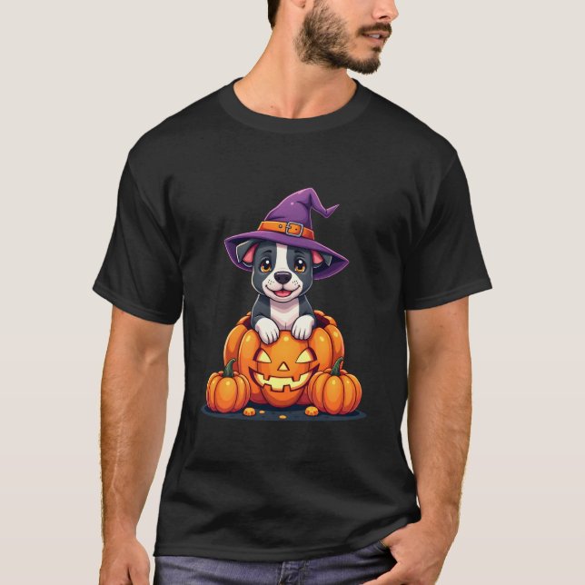 Funny Pitbull Witch Pumpkin Dog Halloween Mens Wom T-Shirt (Front)