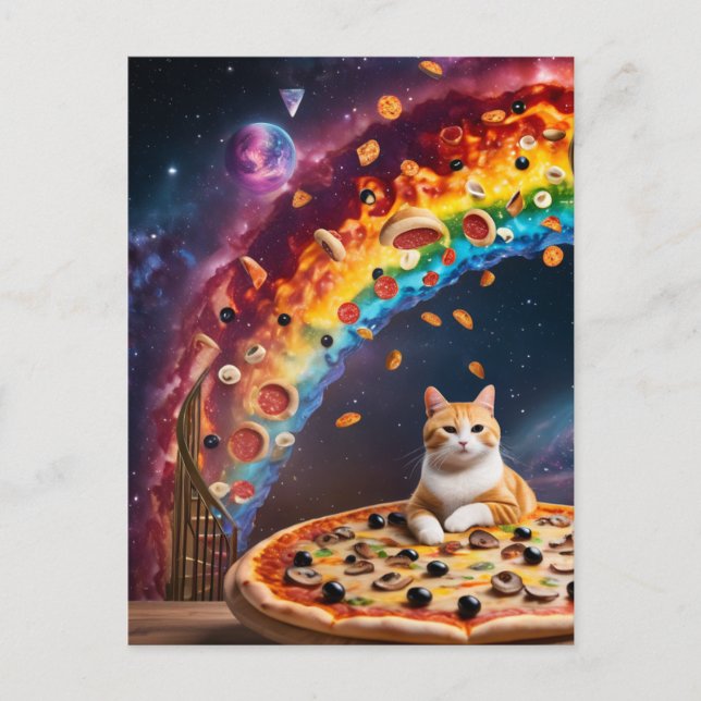 Funny Pizza Cat in Space Rainbow Stairs Postcard (Front)