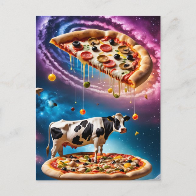 Funny Pizza Cow in Space Postcard (Front)