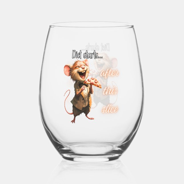 ✨Funny Pizza Diet Mouse Design Stemless Wine Glass (Front)
