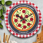 Funny Pizza Time Personalised Wall Clock<br><div class="desc">The perfect gift for any pizza lover,  this wall clock features a deluxe pizza on a silver pizza tin over a classic red gingham print similar to tablecloths you would find in any classic pizzaria. Your family name and year established text is featured right on the pizza pan image.</div>