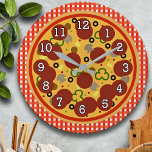 Funny Pizza Time Wall Clock<br><div class="desc">The perfect gift for any pizza lover,  this wall clock features a deluxe pizza on a classic red gingham print similar to tablecloths you would find in any classic pizzaria.</div>